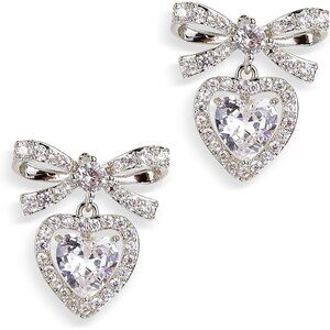 Bow Heart Dangle Drop Earrings for Women, Valentines Rhinestone Ribbon Crystal B